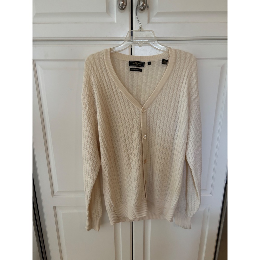 Bobby Jones Collection Mens Royal Baby Alpaca Cable Knit V-Neck Cardigan Cream L